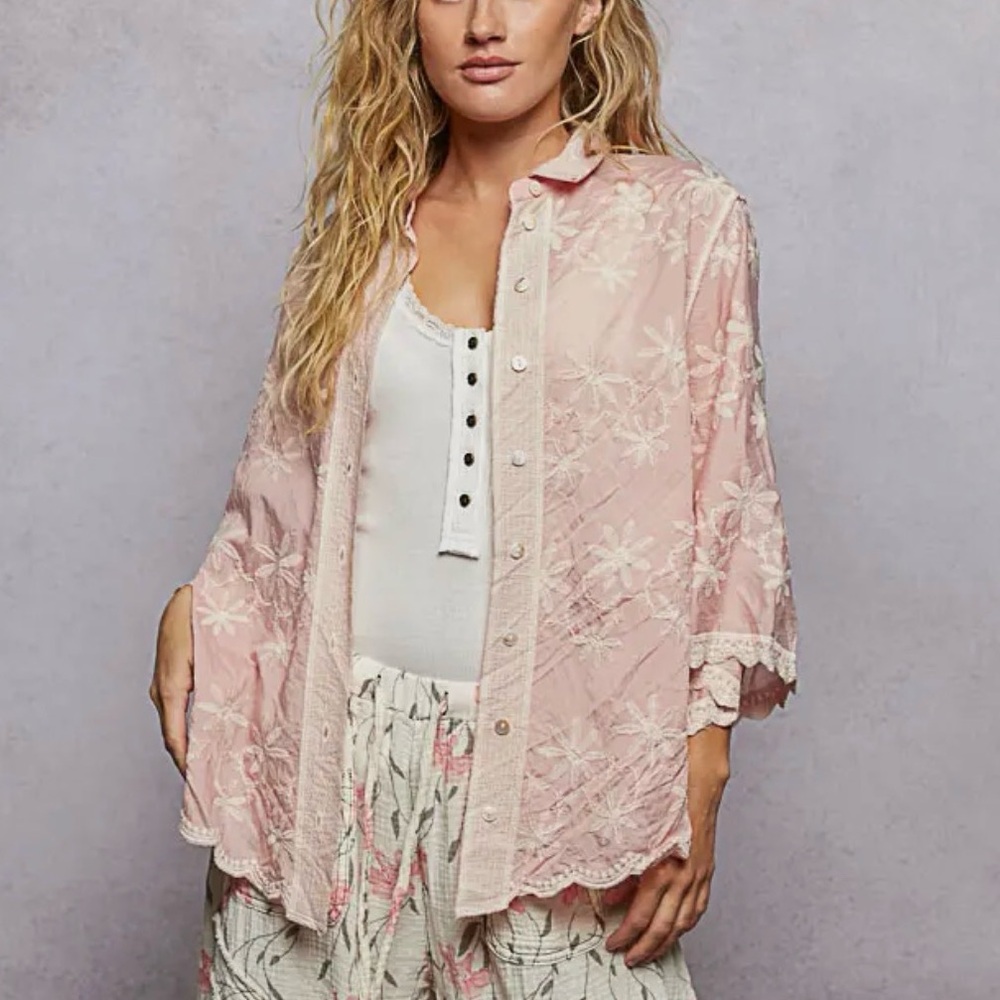 NEW POL 48 hr : Light Pink Lace Embroidered Button-Up Blouse